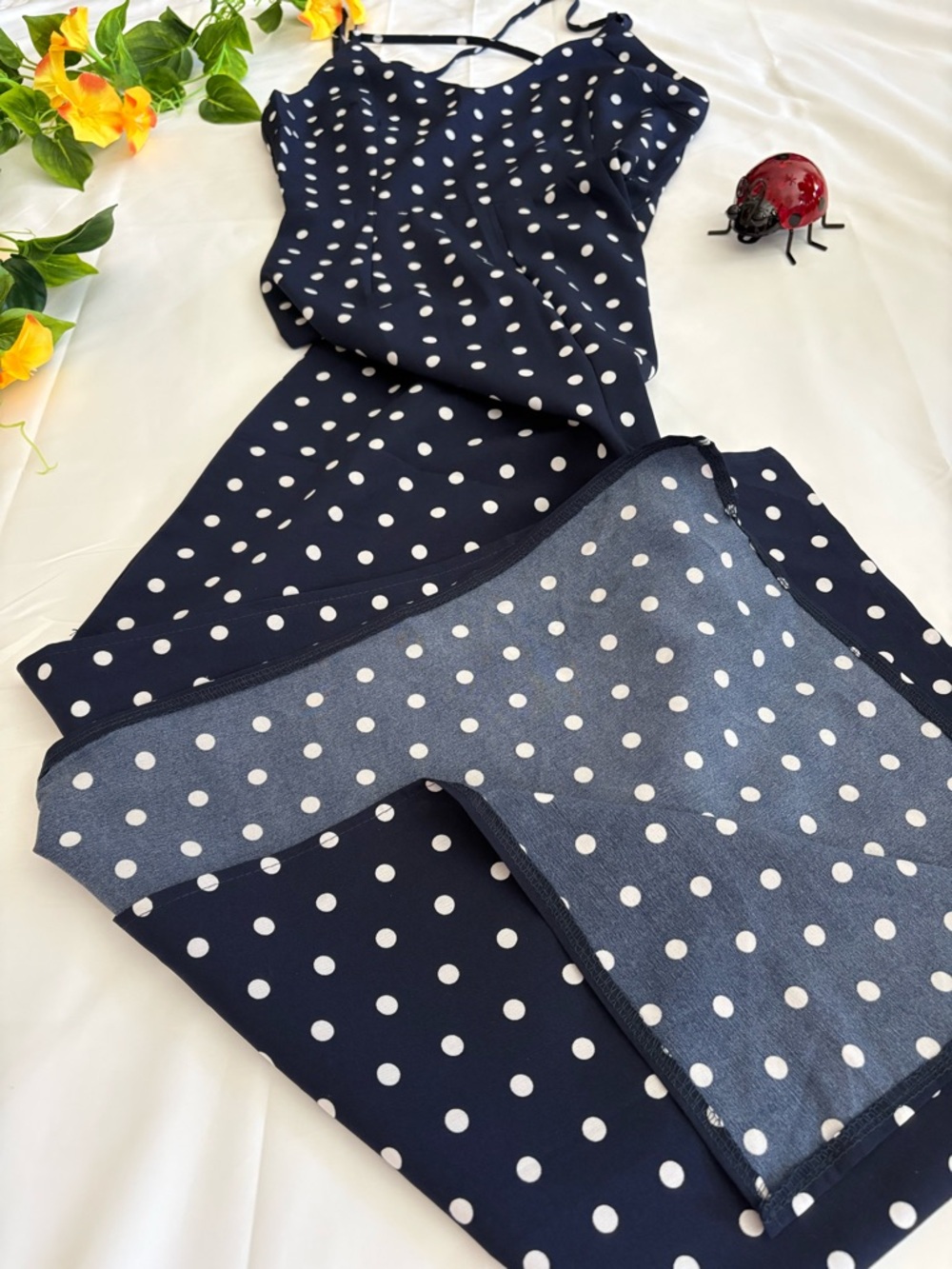 Navy Blue Women’s Size Small Polka Dot Wide Leg & Slit Strapback Summer Jumpsuit